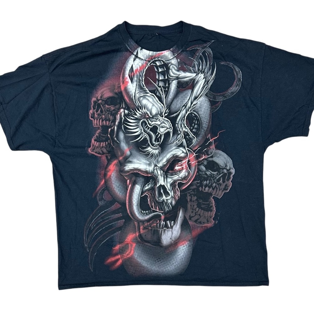 Black Y2K Dragon and Skull T-Shirt Size XXL